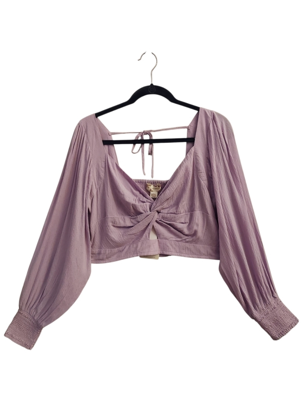 BOG Collective Cropped LS Boho Smocked Gauzy Lilac Twist Front Top NEW L